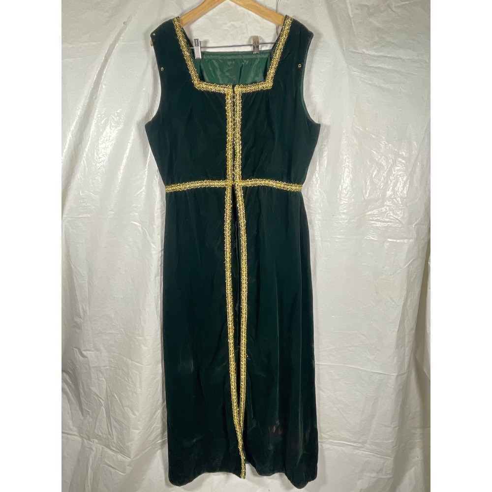 Vintage Green Velvet Renaissance Gown Gold Trim Snap Front Costume Dress